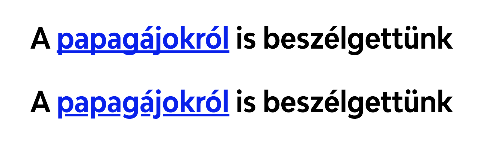 A képen a papagájokról is beszélgettünk szövegű mondat látszik, kétszer egymás alatt. Mindkettőben a papagájokról szó a link.